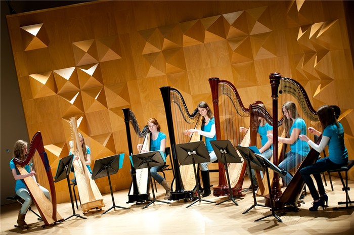 Harpenensemble Alkyone van de Muzikschool Hengelo